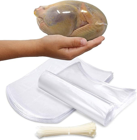 Poultry Shrink Clear Bags for Chicken Parts - 7 inch x 12 inch with zip ties BPA Free, MADE IN USA (100)