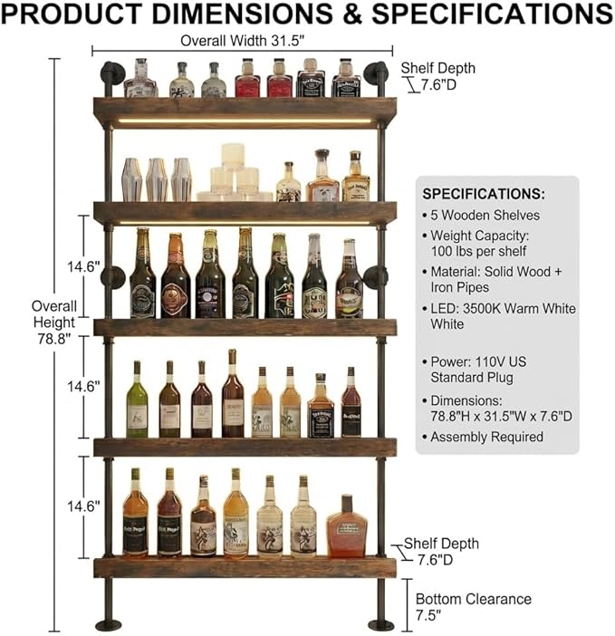 5-Tier Wall Mounted Wine Rack with LED, Floating Bar Shelves Liquor Bottle Organizer, Modern Display Shelf Holds 30+ Bottles, for Kitchen Wall, Home Bar, Restaurant (31.5INCH-LED)