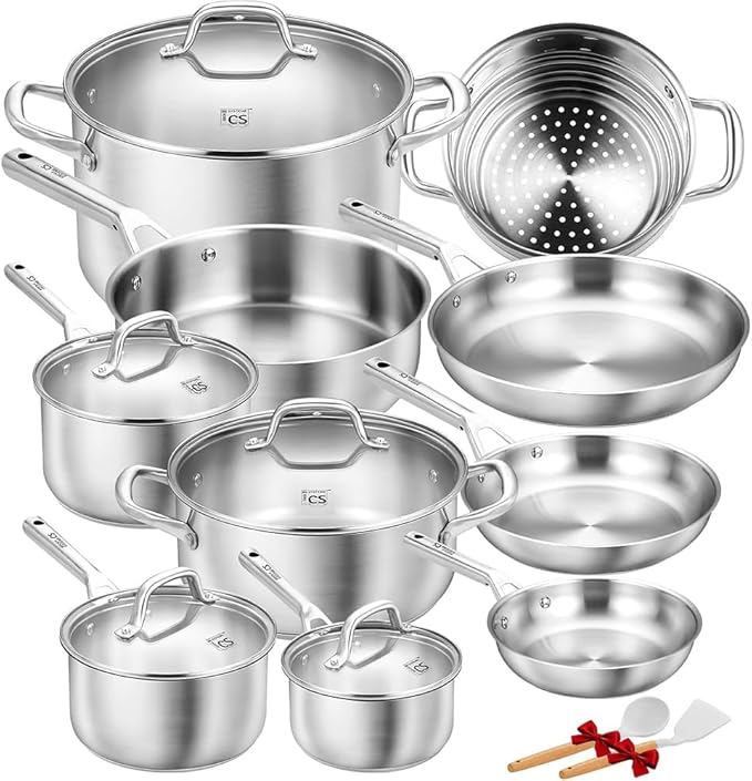 KOCH SYSTEME CS Stainless Steel Cookware Set 17 Piece, Professional 18/10 Stianless Steel Pots and Pans Set, 5-Layer Base, Oven & Induction Safe, Non-Toxic Kitchen Cookware Set for Family Cooking