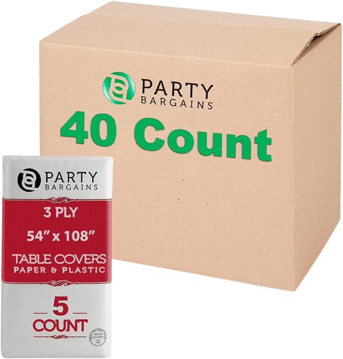 PARTY BARGAINS Disposable Table Covers, 54 x 108 Inch, White, 3-Ply Paper & Plastic Spill-Resistant Party Tablecloths, 40 Pack