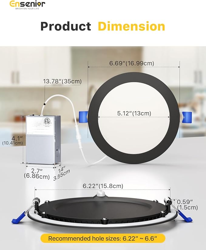 Ensenior 4 Pack 6 Inch LED Recessed Light, Dimmable, 2700K-5000K 5CCT, 1200LM High Brightness, 12W 120V, Damp Rated, Ultra-Thin Canless Wafer Light, Black - ETL & FCC & IC