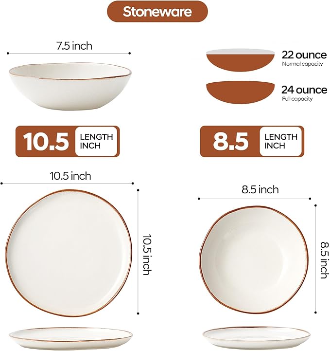 Bestone 12 Pieces Round Kitchen Dinnerware Sets竊똏lates and Bowls Sets,Dishes, Plates, Bowls, Dish Set, Chip Resistant Ceramic Dinnerware Set, Dishwasher/Microwave Safe,Service for 4,Pearl White