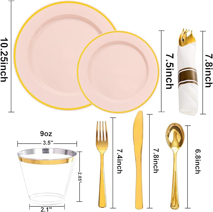 SUT 175 Pcs Pink and Gold Plastic Dinnerware Set for 25 Guests, Include: 25 Dinner Plates, 25 Dessert Plates, 25 Pre Rolled Napkins With Silverware, 25 Cups, Disposable Plates for Baby Shower, Party