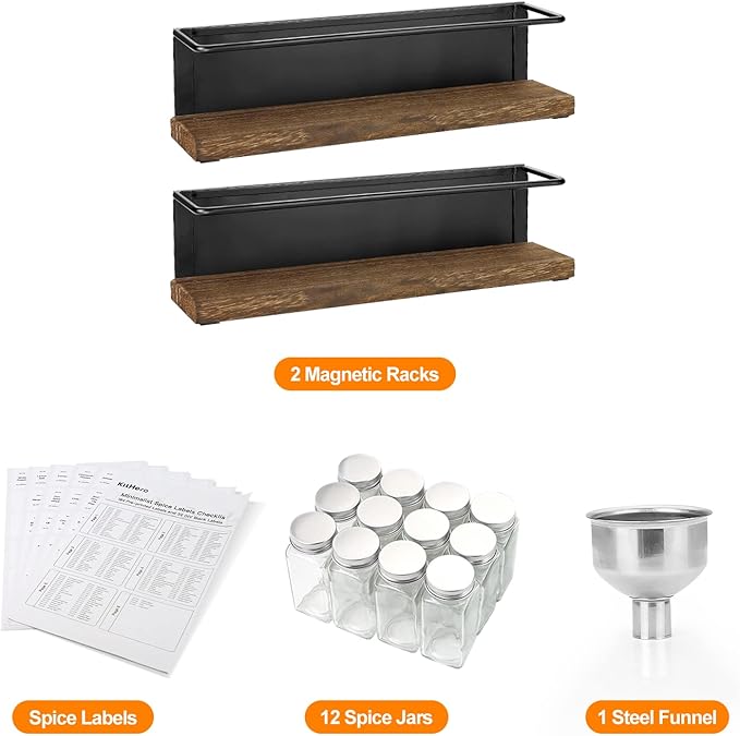 Magnetic Spice Rack Organizer with 12 Jars, 216 Labels, 1 Steel Funnel for Refrigerator竊똌icrowave Oven - Full Set of Seasoning Organizer, Kitchen Gadgets