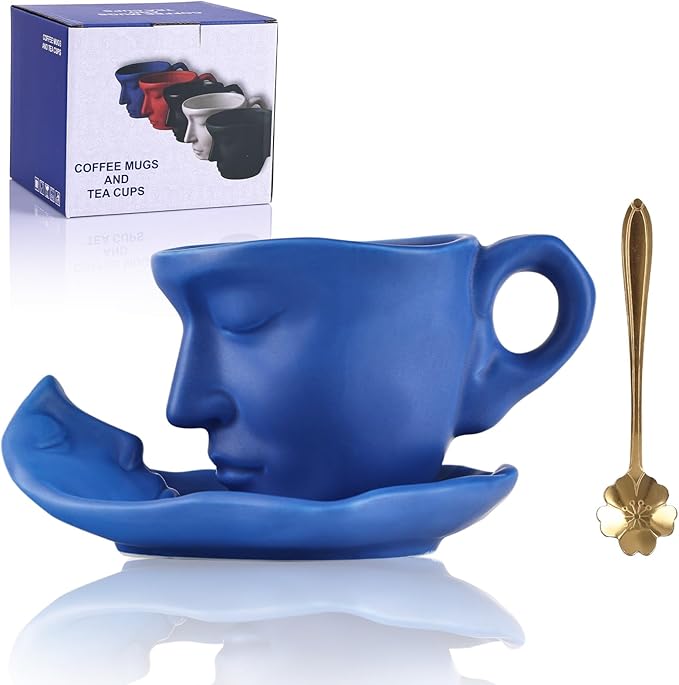oliruim Blue Coffee Cup and Saucer Set - Ceramic Unique Kissing 8.5 oz Coffee Mug Set with Spoon, Face Coffee Cup and Saucer for Valentine, Wedding, Anniversary Decor (Blue)