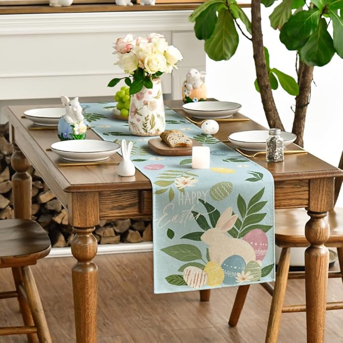 Artoid Mode Blue Bunny Eggs Leaves Flowers 210 GSM Easter Table Runner, Seasonal Spring Kitchen Dining Table Decoration for Home Party Decor 13x90 Inch