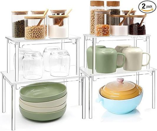 4Pcs Large Acrylic Kitchen Cabinet Organizer Shelf, Clear Spice Rack, Plate and Cupboard Storage Riser, Versatile Pantry Shelf, Stackable Kitchen Countertop Display Rack Decor for Gift