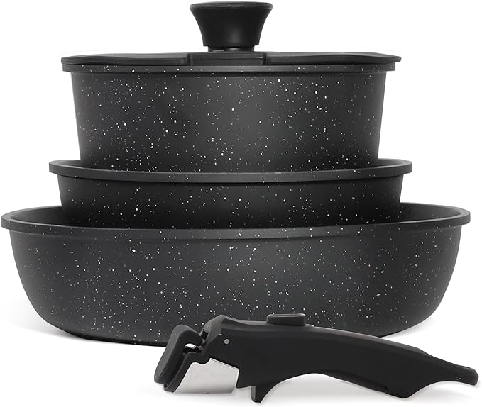 5PCS Pots and Pans Set Non Stick, Kitchen Cookware Sets with Detachable Handle, Ceramic Cookware Sets, Non Stick RV Cookware Cooking Set, Dishwasher 竊?Oven Safe, PFOA Free, Black