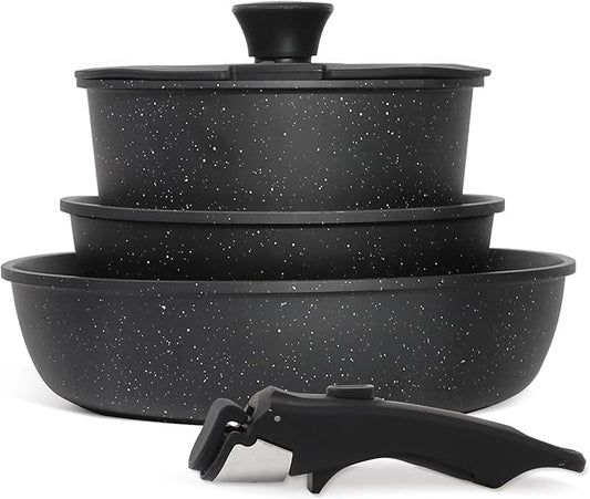 5PCS Pots and Pans Set Non Stick, Kitchen Cookware Sets with Detachable Handle, Ceramic Cookware Sets, Non Stick RV Cookware Cooking Set, Dishwasher 竊?Oven Safe, PFOA Free, Black