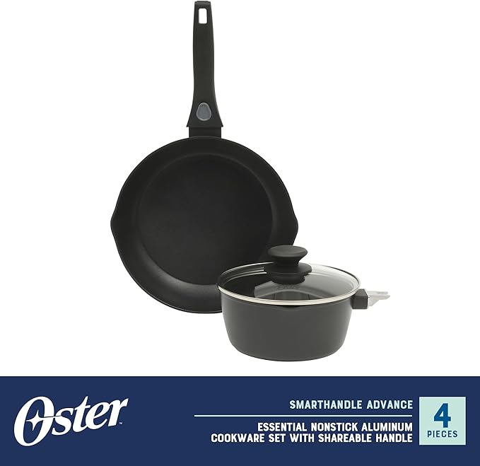 Oster SmartHandle 2-Qt Nonstick Saucepan & 10-Inch Fry Pan with Removable Handle Cookware Set ??Oven & Dishwasher Safe, Space-Saving Cookware