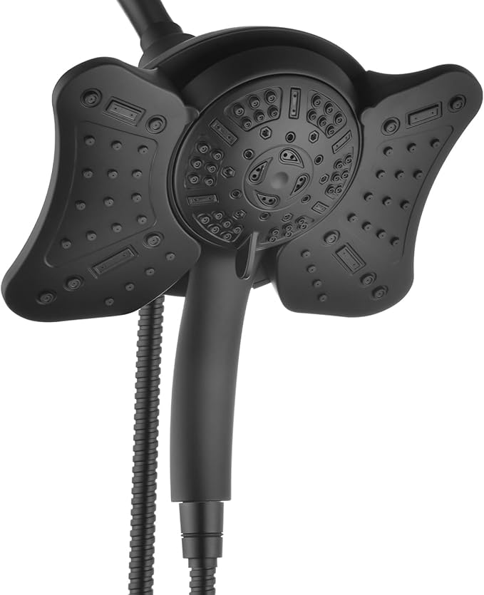 GRICH 1.8 GPM Shower Heads with Handheld Spray Combo: High Pressure Rain Shower Heads with Built-in Power Wash, 9 Mode Adjustable Dual Rainfall Showerhead with Anti-Clog Nozzles and Hose, Black