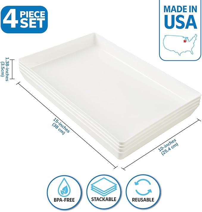 US Acrylic White Plastic Serving Trays (Set of 4) 15??x 10??| Large Unbreakable Reusable Rectangular Party Platters | Serve Appetizers, Fruit, Veggies, & Desserts | BPA-Free & Made in USA