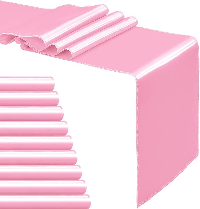 10-Pack Pink Satin Table Runner 12 x 108 Inch Long Bright and Smooth Silk Fabric Table Runner for Wedding Banquet Birthday Party Decoration