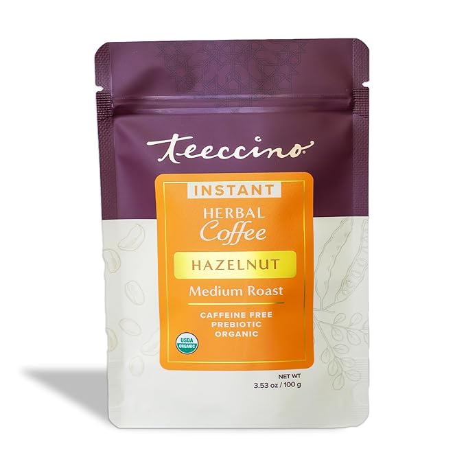 Teeccino Instant Organic Hazelnut Herbal Coffee??33 servings ??Instant Chicory Coffee Alternative with Buttery Hazelnuts Slightly Sweetened by Dates That?™s Prebiotic, Caffeine-Free & Acid Free - 3.53 ounces