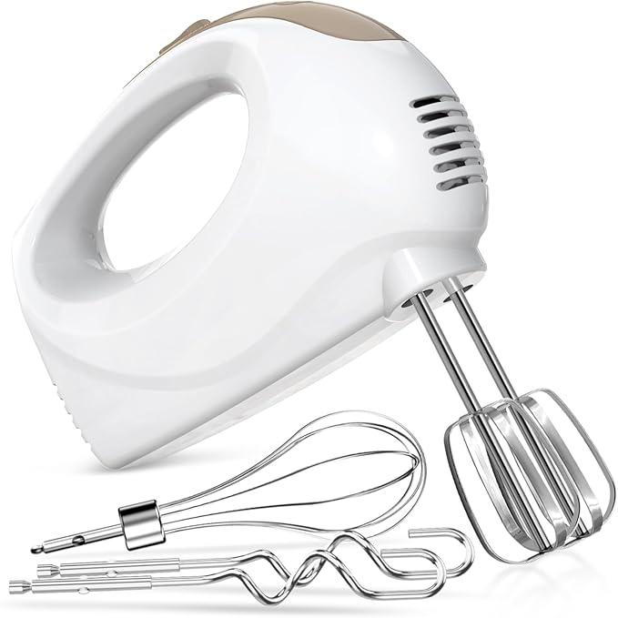 Handmixer - 5 Speed Portable Kitchen Mixer Electric Handheld with 5 Stainless Steel Accessories Whisk, Food Beater, ?ŒIvory