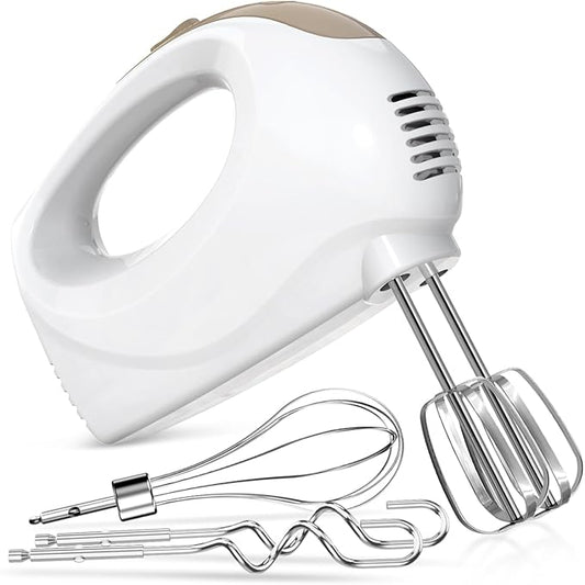 Handmixer - 5 Speed Portable Kitchen Mixer Electric Handheld with 5 Stainless Steel Accessories Whisk, Food Beater, ?ŒIvory