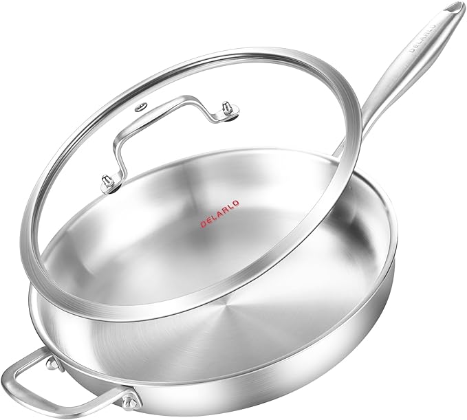 DELARLO Tri-Ply Stainless Steel Pan with Lid 12inch訝쭯ompatible with All Cooktops Up to 600?됦릅Stainless Steel Skillet 12 inch訝쭴eavy Duty訝쭲rying Pan with Lid訝?8/10 Large Cooking Surface
