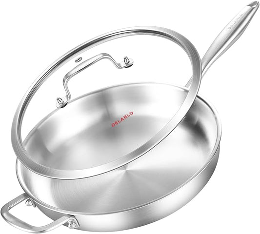 DELARLO Tri-Ply Stainless Steel Pan with Lid 12inch訝쭯ompatible with All Cooktops Up to 600?됦릅Stainless Steel Skillet 12 inch訝쭴eavy Duty訝쭲rying Pan with Lid訝?8/10 Large Cooking Surface