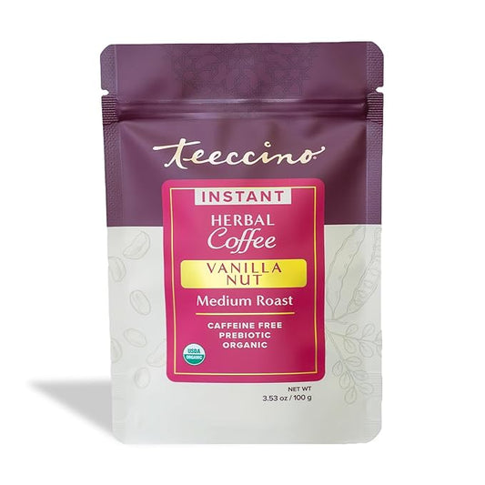 Teeccino Instant Organic Vanilla Nut Herbal Coffee??33 servings ??Instant Chicory Coffee Alternative with Creamy Vanilla Slightly Sweetened by Dates That?™s Prebiotic, Caffeine-Free & Acid Free - 3.5 ounces