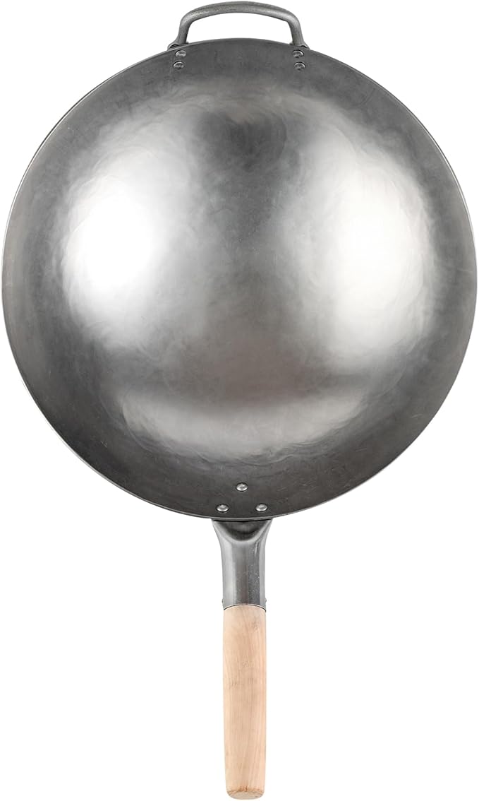 Motomori 14 Inch Hand-Hammered Carbon Steel Woks, 10 Traditional Japanese Woks - Round Bottom, Wooden Handle, Black Carbon Steel Traditional Stir Fry Pans, With Helper Handle - Restaurantware