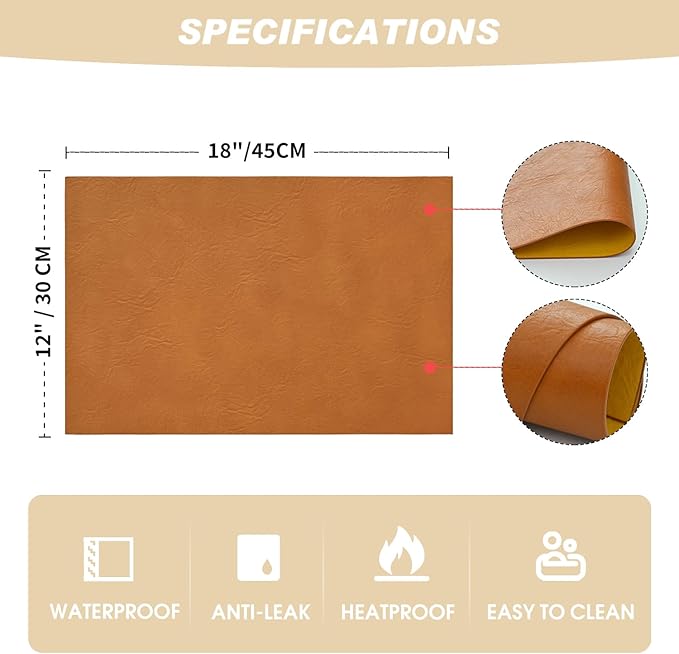 Artoid Mode Rust Faux Leather Placemats Set of 6, 12x18 Inch Waterproof Wipeable Heat Resistant Place Mats, Reversible Table Mats for Fall Kitchen Dining Decor