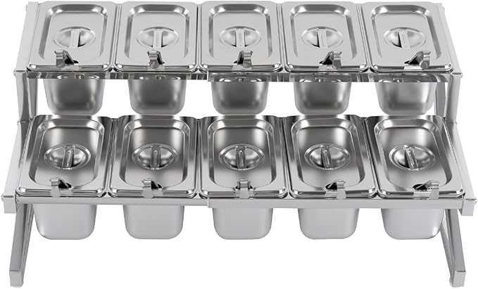 Expandable Stainless Steel Spice Rack Organizer with 10 (1.59 Qt) Lidded Pans, Adjustable 14-25.6 Inch 2-Tier Shelf for Kitchen Counter, Cabinet & Commercial Use