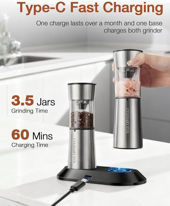 Electric Salt and Pepper Grinder Set, Gravity Operated, USB-C Rechargeable & Charging Base, Stainless Steel, Dual LED Guiding Lights, Comfortable Grip, Adjustable Coarseness, Perfect for Kitchen