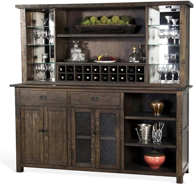Home Bar and Storage Buffet Cabinet with Hutch in Tobacco Leaf 2 Piece Set