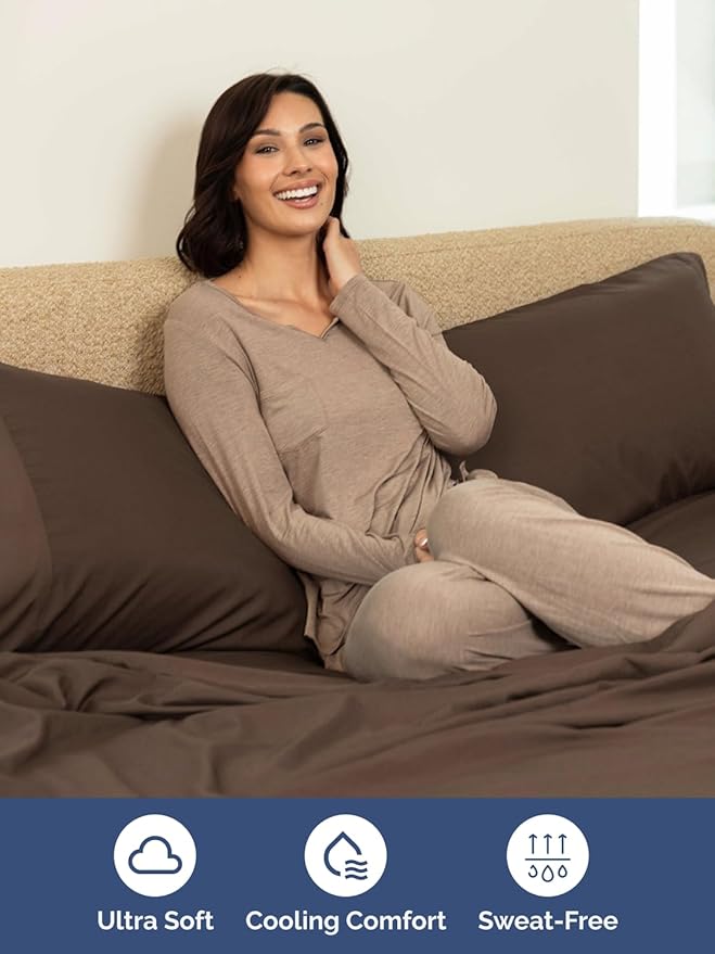 Extra Deep Pocket Split King Sheets - 5 Piece Breathable & Cooling Bed Sheets - Hotel Luxury Bed Sheet Set - Soft, Wrinkle Free & Comfy - Easily Fits Extra Deep Mattresses - Deep Pocket Brown Sheets