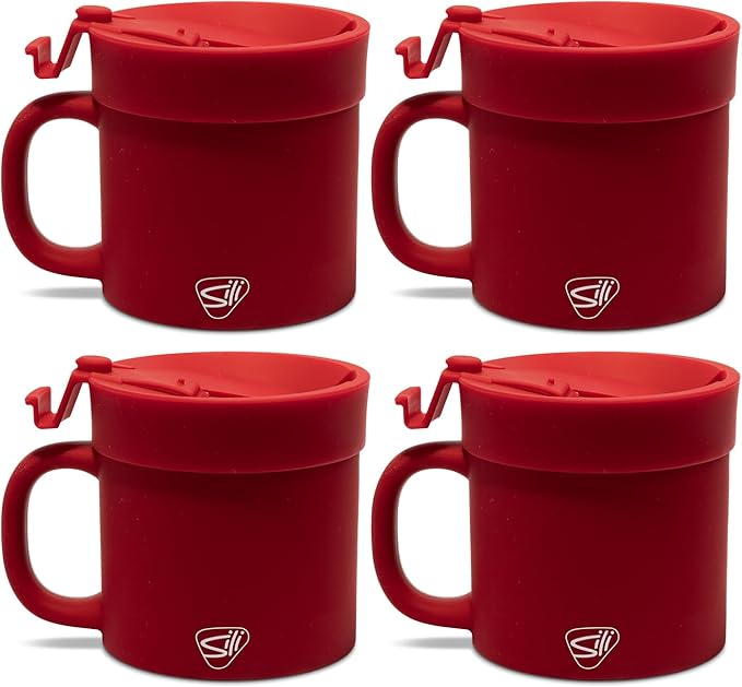 Silipint 16oz Silicone Coffee Mug Tumbler Flip Lid Unbreakable Dishwasher Safe Microwave Oven & Freezer Compatible ??Non-Toxic Reusable Cup for Hot Coffee Tea or Drinks Pack of 4 Classic Red