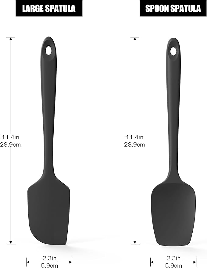 2-Piece Silicone Scraper & Spoon Spatulas: Doosu 600째F Heat Resistant Food Grade BPA Free Rubber Baking Flat Spatula Kitchen Cooking Spoonula for Mixing, Scraping, Folding, Stirring, Serving (Black)