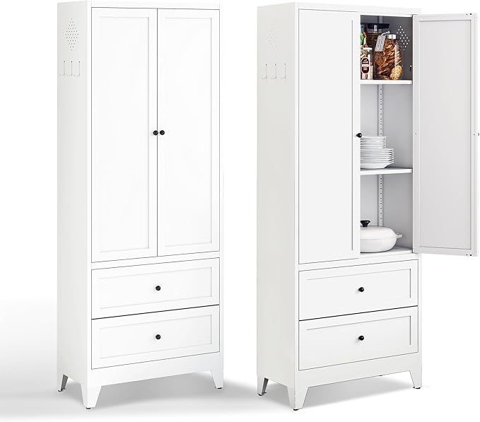 White Steel Pantry Cabinet with 2 Drawers & 2 Adjustable Shelves, Tall Metal Storage Cabinets for Kitchen, Living Room, Bathroom, Heavy Duty Freestanding Utility Cabinet, Assembly Require