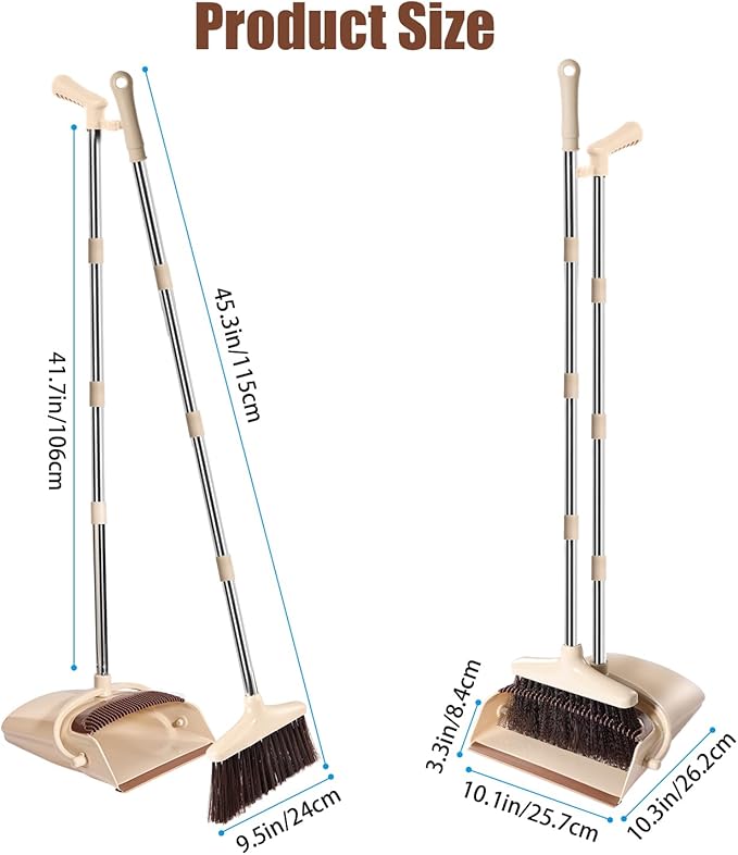 Broom and Dustpan Set with Long Handle ??Upright Standing Broom Combo with Self-Cleaning Teeth & Windproof Dustpan, Floor Sweeper for Home, Kitchen, Pet Hair, Indoor Outdoor Use