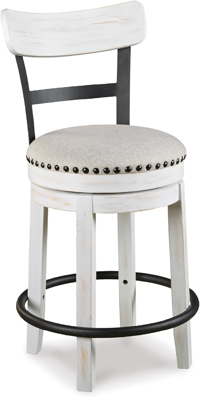 Signature Design by Ashley Valebeck | Modern Swivel 24.5" Counter Height Barstool ??Rustic-Industrial Whitewash, Upholstered Cushion, 360째 Swivel, Nailhead Trim