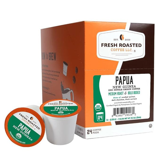 Fresh Roasted Coffee, Organic Papua New Guinea | USDA Organic, 100% Single Origin, Kosher | Medium Roast 24 Pods for K Cup Brewers