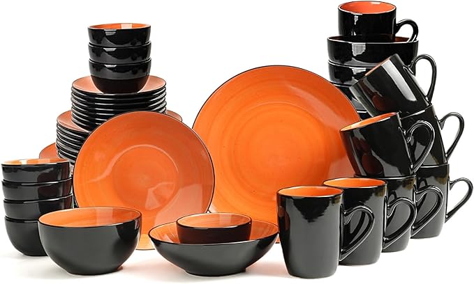 Stoneware Sonoma Dinnerware Set, Black + Speckled Spin Wash (56pc Set, Orange)