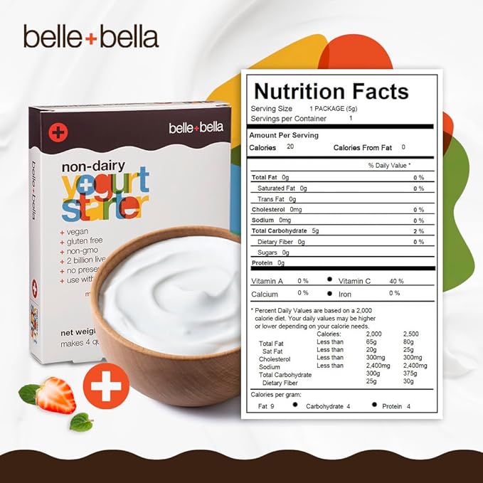 Belle + Bella Non-Dairy Vegan Yogurt Starter - Gluten Free, No Added Sugar, Non GMO - Makes 12 Quarts Vegan Yogurt - 2 Billion Live Cultures - Mix with Any Dairy Free or Dairy Milk - 3 Boxes