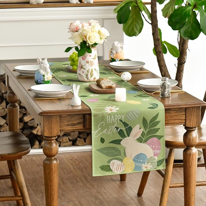 Artoid Mode Green Bunny Eggs Leaves Flowers 210 GSM Easter Table Runner, Seasonal Spring Kitchen Dining Table Decoration for Home Party Decor 13x72 Inch