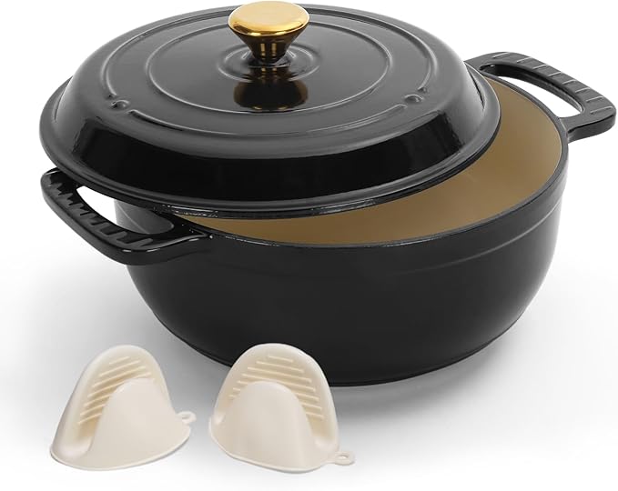 Cast Iron Dutch Oven, 5 Quart, Black, Enameled, Round, Oven Safe, Includes Silicone Mitts