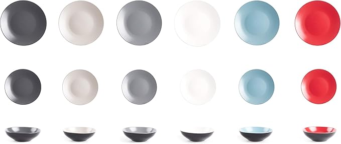 Colors Life 18pc Dinner Set竊똙ery Cool - 6 Assorted Colors Cool Beige, Cool Grey, Light Grey, Frost Red,Turquoise and White