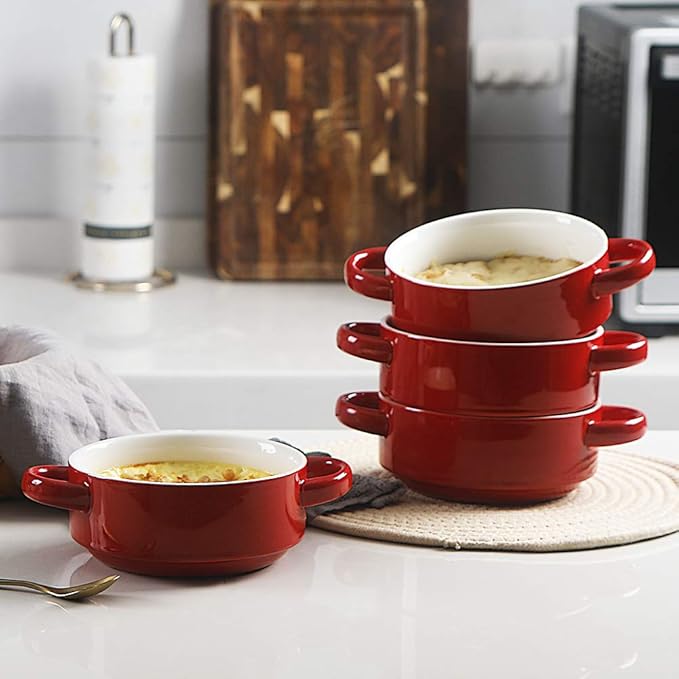 Sweejar Ceramic Soup Bowls with Double Handles, 20 Oz Stacked Bowls for French Onion Soup, Cereal, Pot Pies, Stew, Chill, Pasta, Set of 4 (Red)