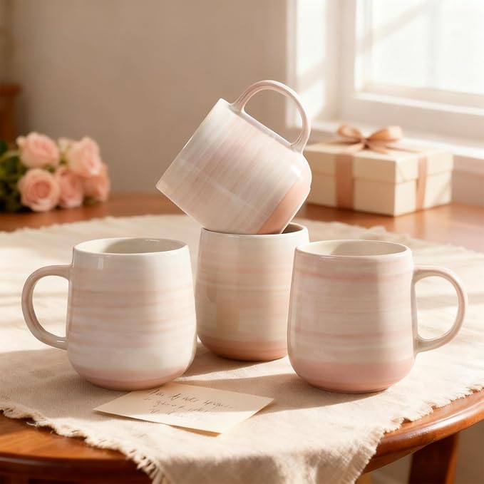 Coffee Mugs, Set of 4 Pink Ceramic Mugs with Subtle Stripe Texture - 12oz Cups, Microwave & Dishwasher Safe, Modern Minimalist Design for Home, Office, Gift Giving