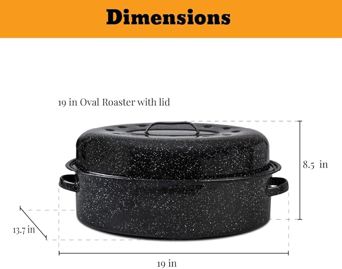 Granite Ware 19 inch oval roaster with Lid, Oval Rack included (Speckled Black) - design to accommodate up to 20 lb poultry/roast. Resists up to 932째F