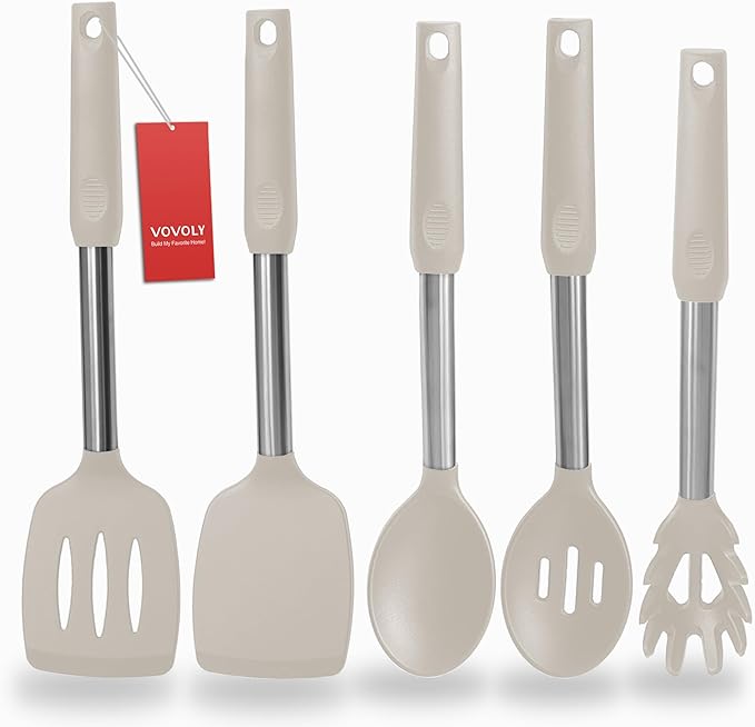 Silicone Spatula and Cooking Spoon,5 Pack Non-Stick Cooking Utensils for Kitchen竊똇eat Resistant Solid & Slotted Spoons and Spatulas, Stainless Steel Handle Coated with Silicone, Khaki