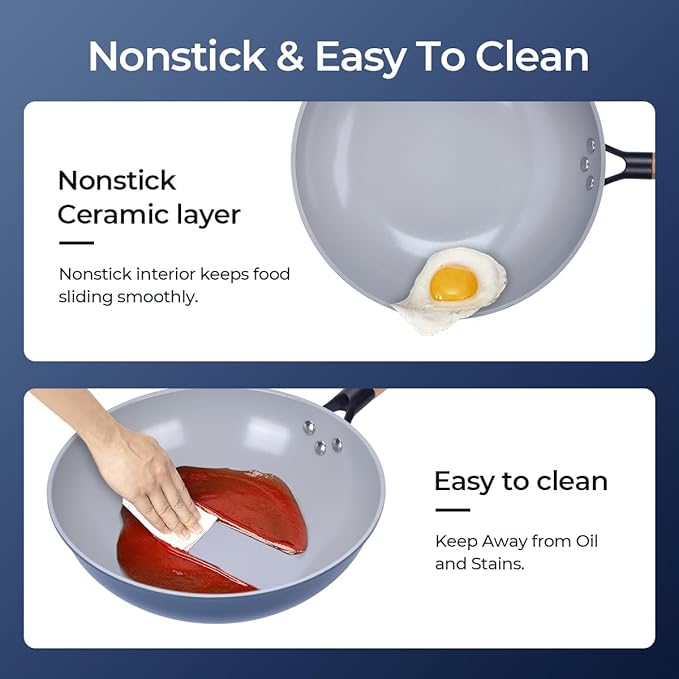 Non-Stick Wok with Steamer Basket,12 Inches Stir Fry Pans with Lid, Flat Bottom Pan Multifunctional Cookware Chinese Woks for Induction, Gas, Halogen(Blue)