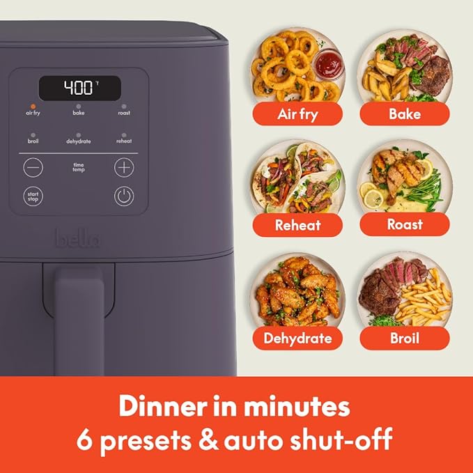 bella 4Qt Slim Air Fryer, Fits-anywhere??Kitchenware, EverGood??Ceramic Nonstick Coating, Adjustable Temperature, 6 Preset Cooking Options, 60 Min Auto Shutoff w Audible Tone, 3.3lb Capacity, Plum