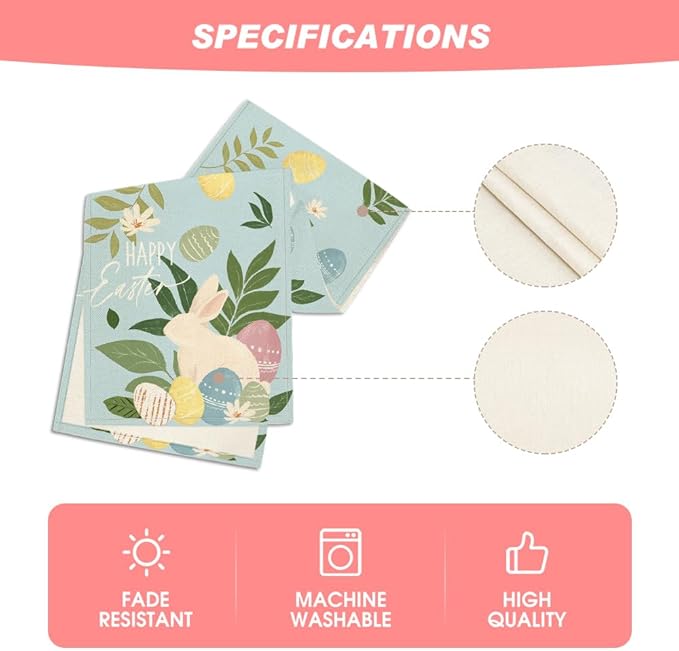 Artoid Mode Blue Bunny Eggs Leaves Flowers 210 GSM Easter Table Runner, Seasonal Spring Kitchen Dining Table Decoration for Home Party Decor 13x72 Inch