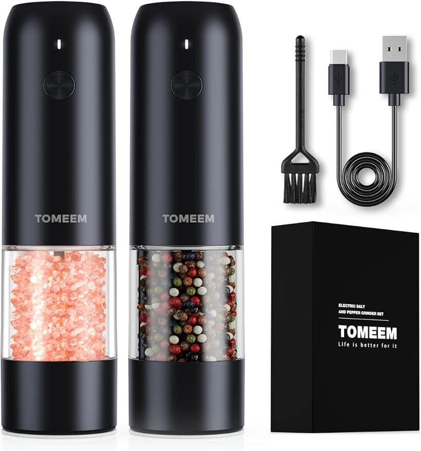TOMEEM Electric Salt and Pepper Grinder Set with LED Lights ??Rechargeable Automatic Pepper and Salt Mill with 6 Adjustable Coarseness for Kitchen, BBQ & Gifts
