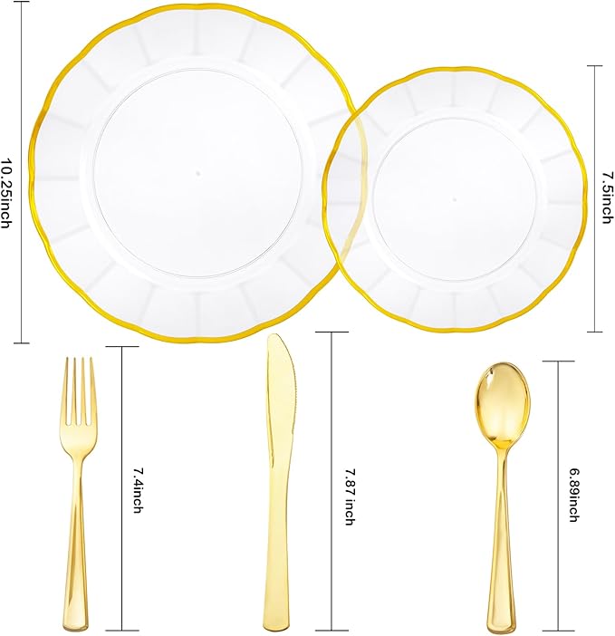EI 150pcs Clear Plastic Plates with Gold Plastic Silverware,Disposable Plate Heavy Duty,Clear and Gold Dinnerware Set,Elegant Plates for Party,Wedding,Afternoon Tea,Spring,Valentine's Day