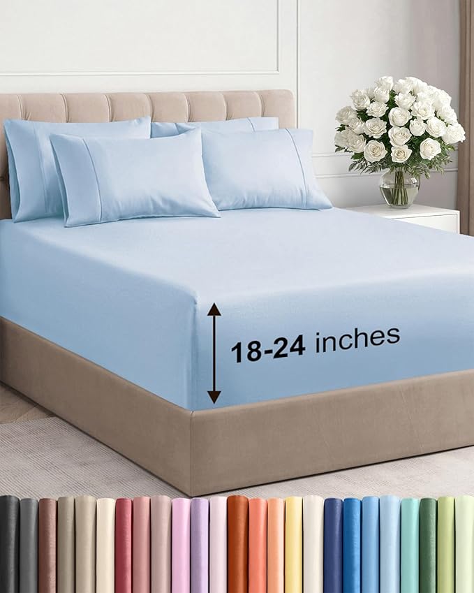 Extra Deep Cal King Sheet Set - 6 Piece Breathable and Cooling Sheets - Hotel Luxury Bed Sheets Set - Easy Fit - Soft, Wrinkle Free and Comfy Sheets Set - Sky Blue Sheet Set with Extra Deep Pockets